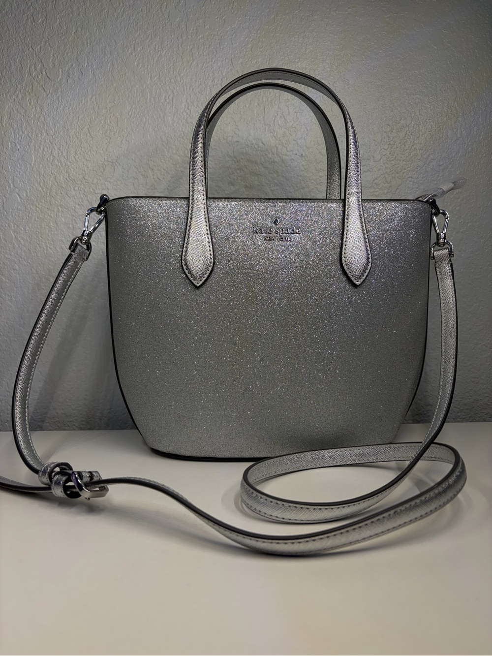 Kate Spade Lunar Light Silver Glitter Tote Two Way with Crossbody Strap! NWOT!